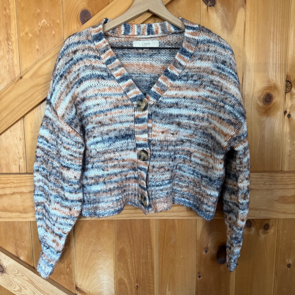 LOFT Space Dye Cardigan Womens Large Blue Orange Striped Wool Blend Cropped Boho